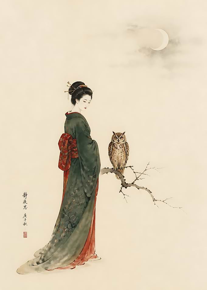 Woman in Kimono with Owl