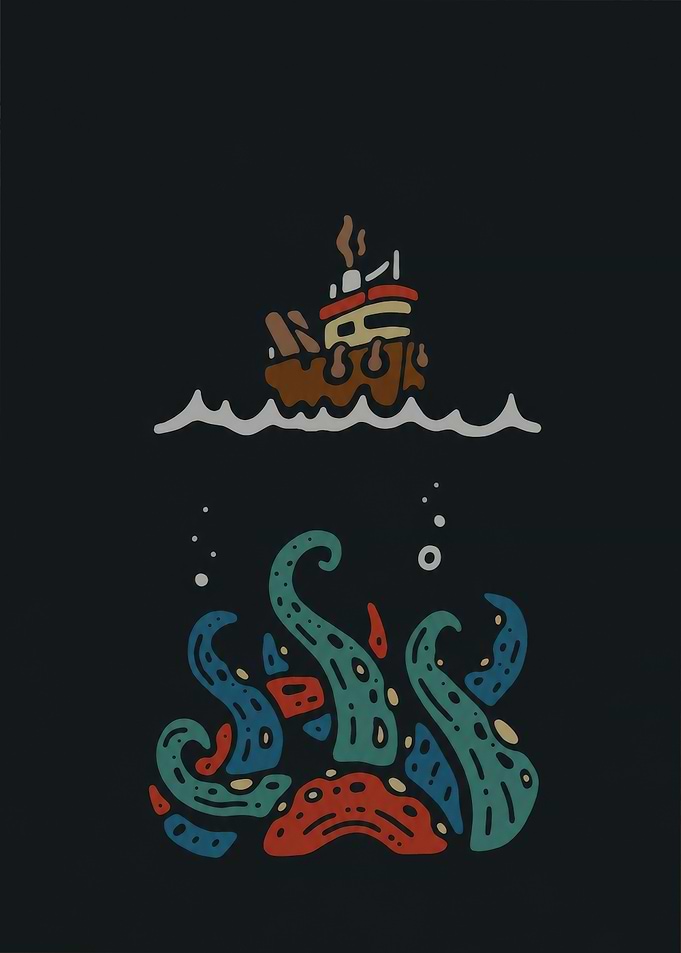 Minimalist Kraken Attacking Fishing Boat