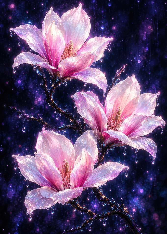 Three Pink Magnolias of Mysterious Sky