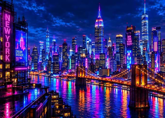 Neon New York City Skyline Night