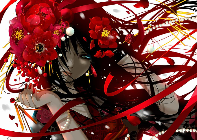Elegant Anime Girl with Red Flowers