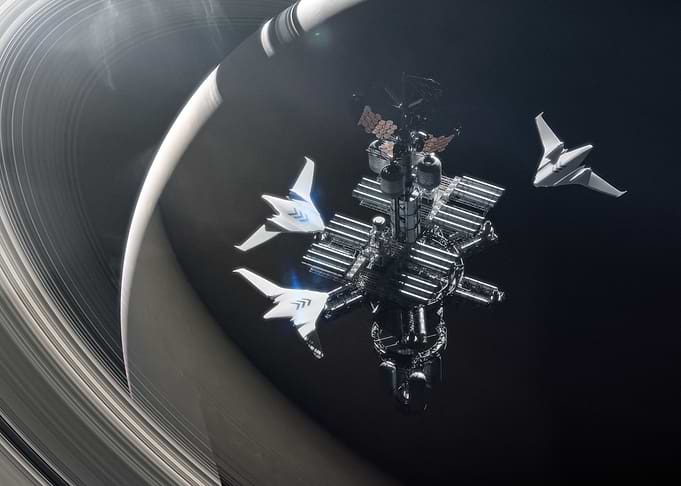 Space Station Near Saturn Rings