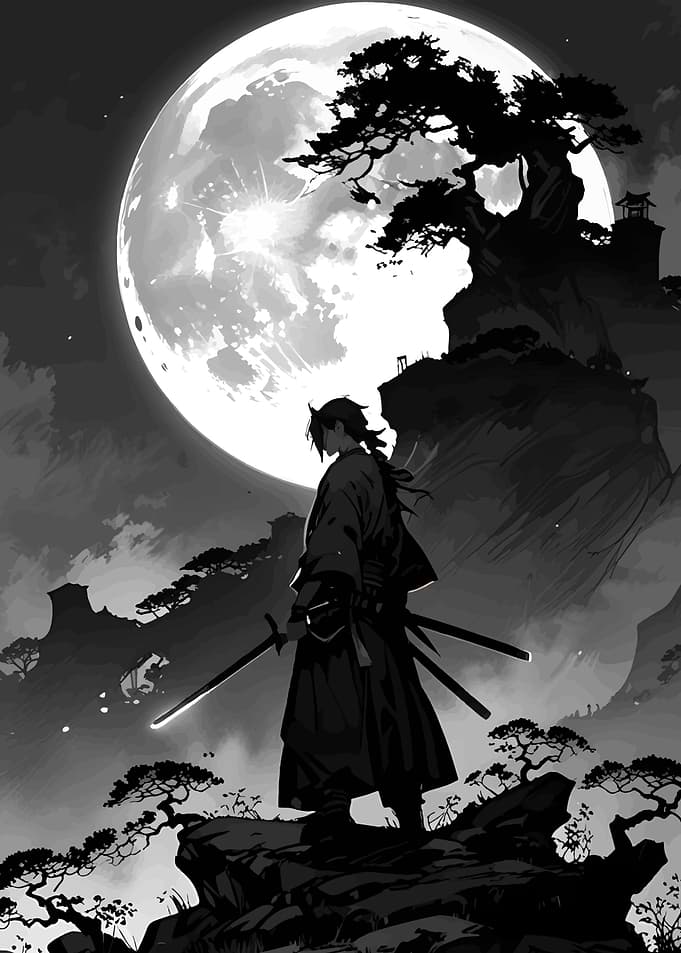 Samurai Standing Under Full Moon
