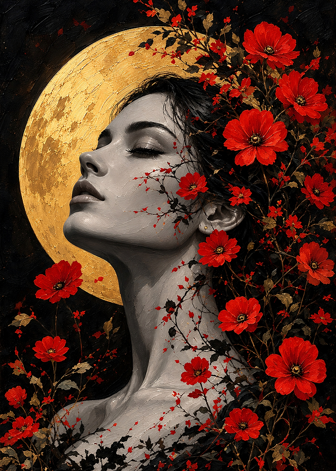 Woman with Red Flowers and Moon