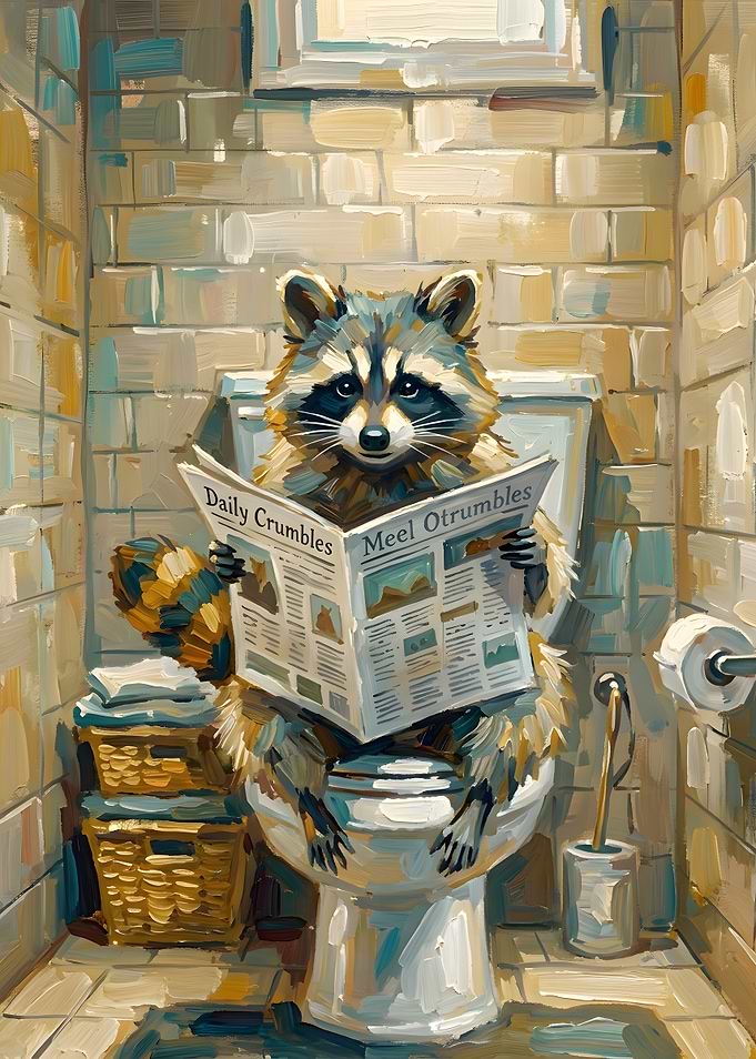 Raccoon Reading Newspaper on Toilet
