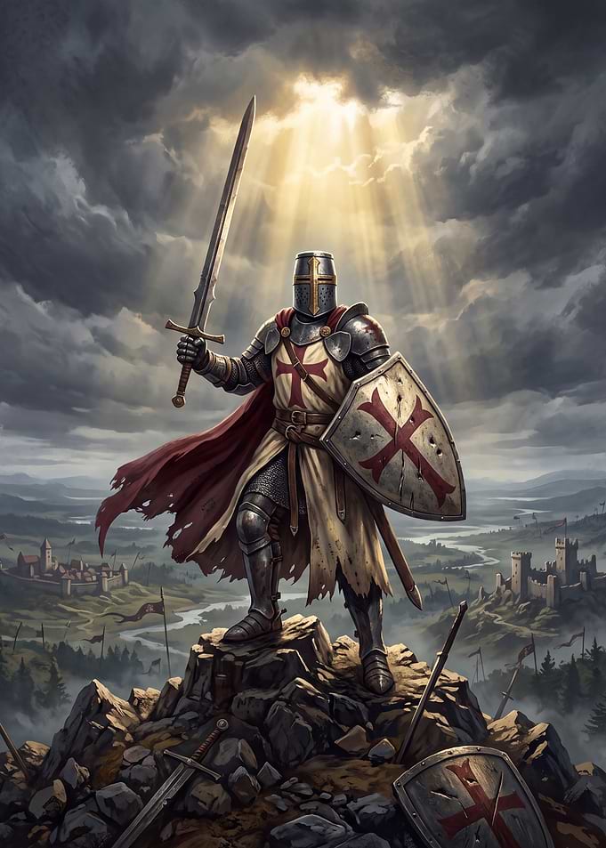 Crusader Knight Standing on Mountain Peak
