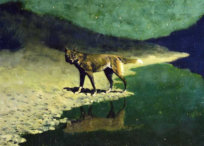 Wolf in Moonlight Painting by Frederic Remington
