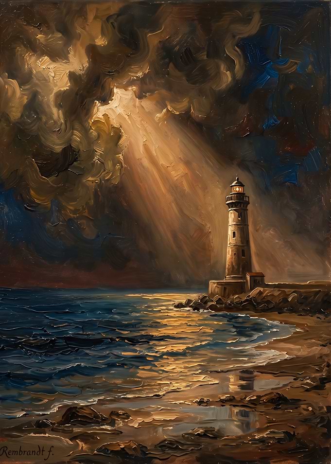 Lighthouse at Sunset Oil Painting