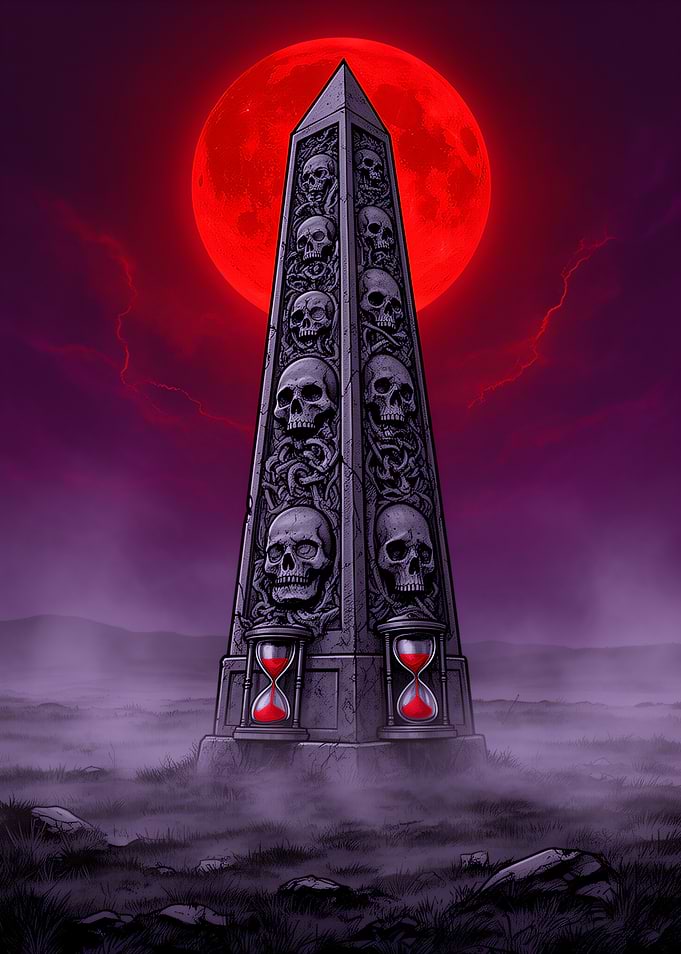 Dark Obelisk Under Red Moon