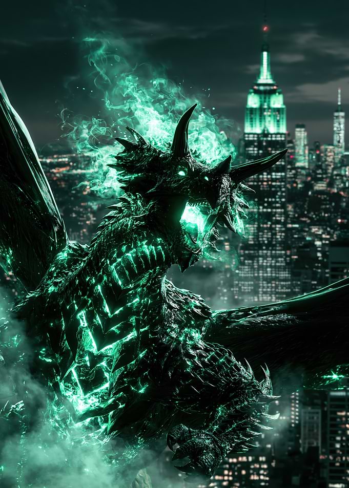 Green Neon Dragon Over New York