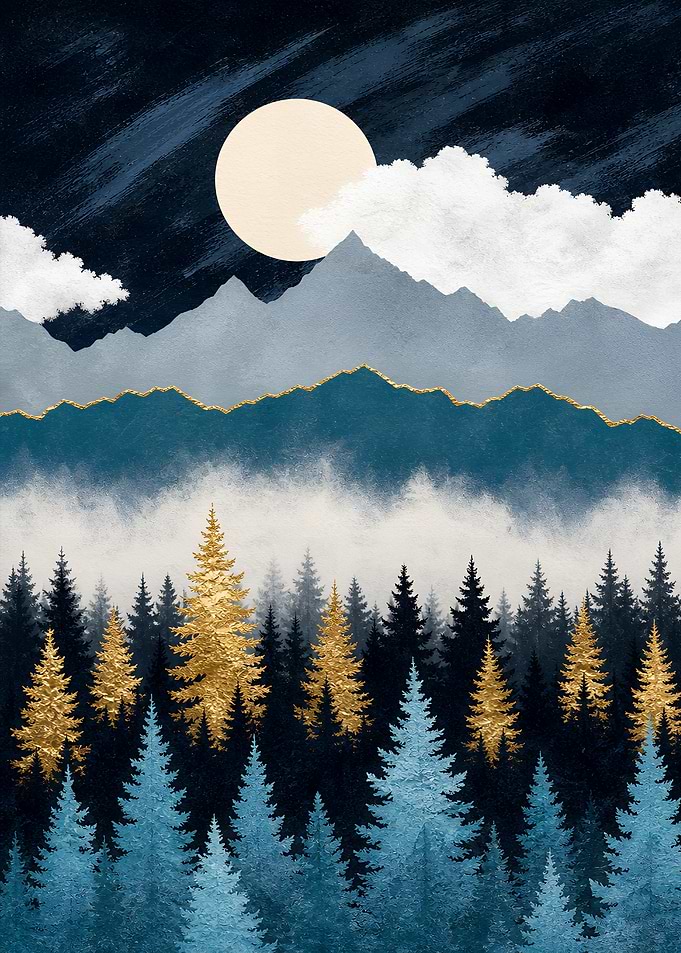 Golden Forest and Mountain by Moon Nature