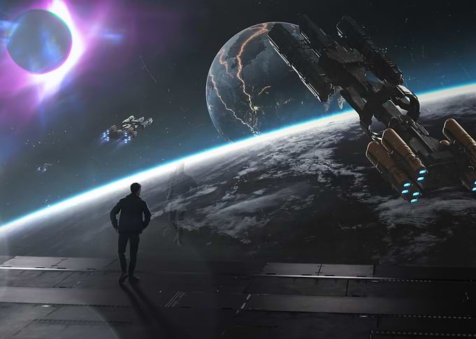 Astronaut Observing Spaceships Near Planet