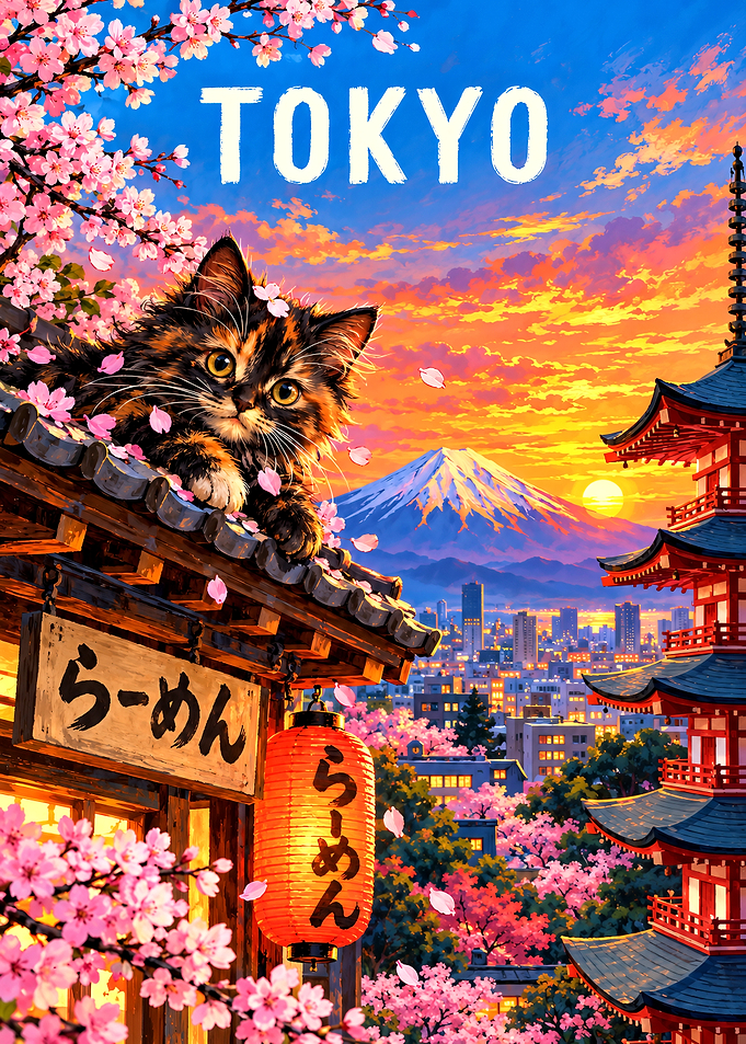 Tokyo Cat and Cherry Blossoms Poster