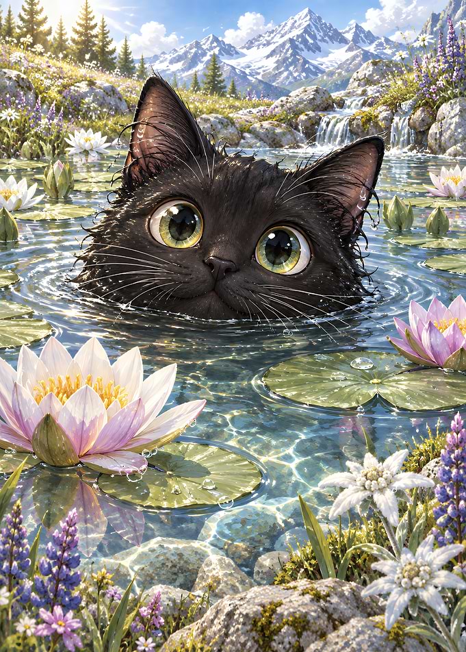 Cute Black Cat in Mountain Pond