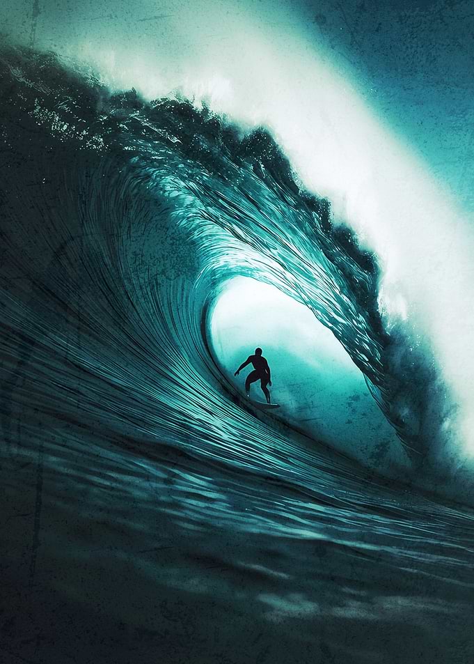 Surfer Riding a Massive Blue Wave