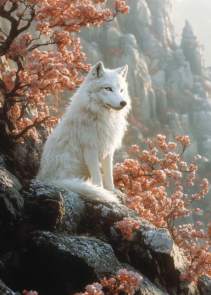 Majestic White Wolf in Cherry Blossoms