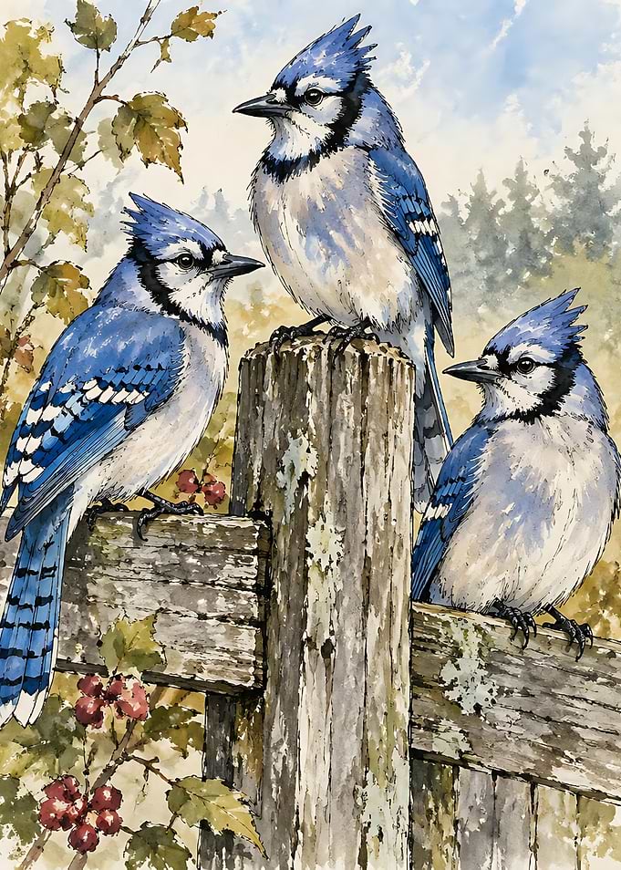 Three Blue Jays on Wooden Fence