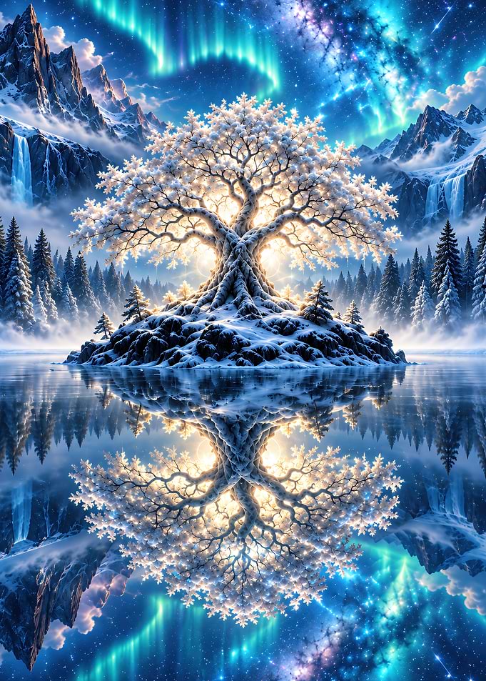 Glowing Winter Tree Under Aurora