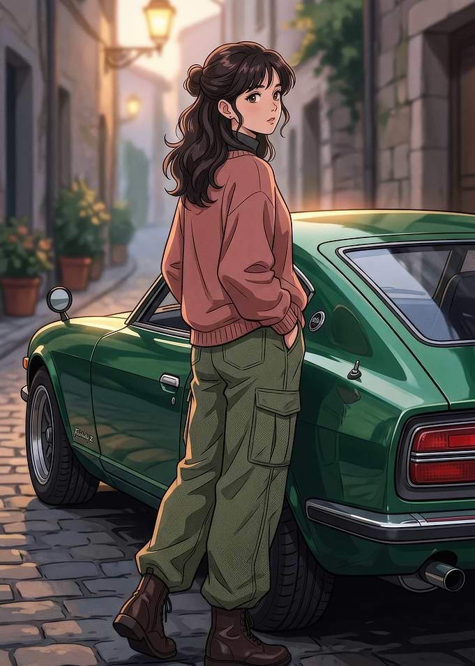 Anime Girl Leaning on Vintage Car