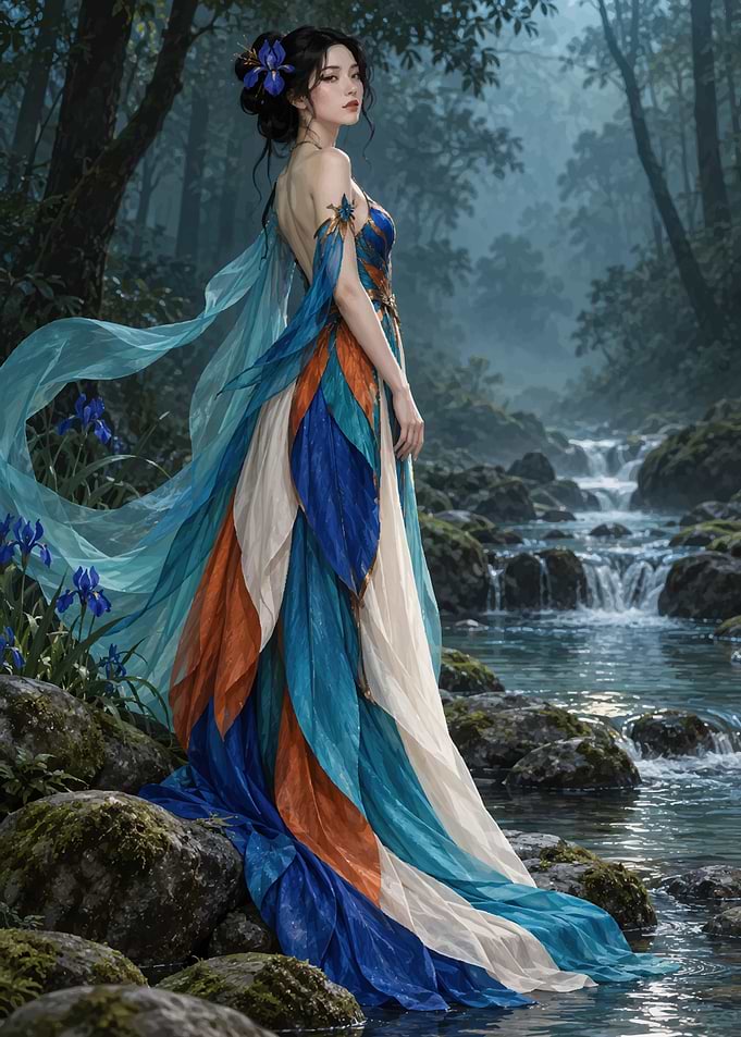 Ethereal Woman in Flowing Fantasy Dress