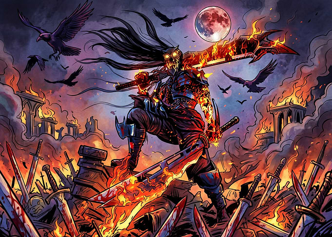 Undead Samurai Warrior in Burning Battlefield
