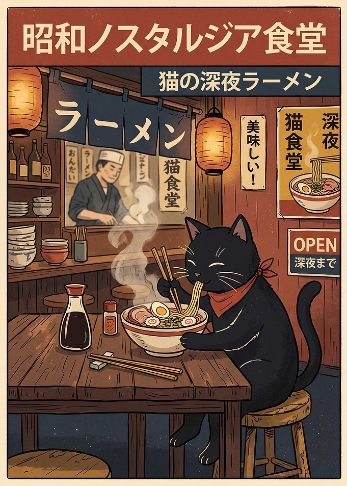 Black Cat Eating Ramen Poster