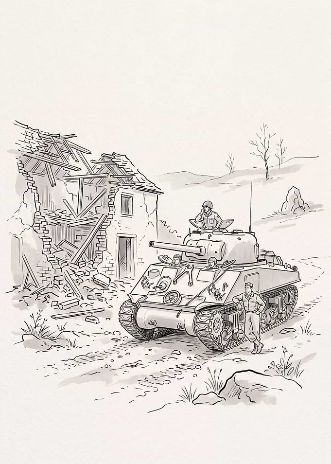 Sherman Tank in War-Torn Village