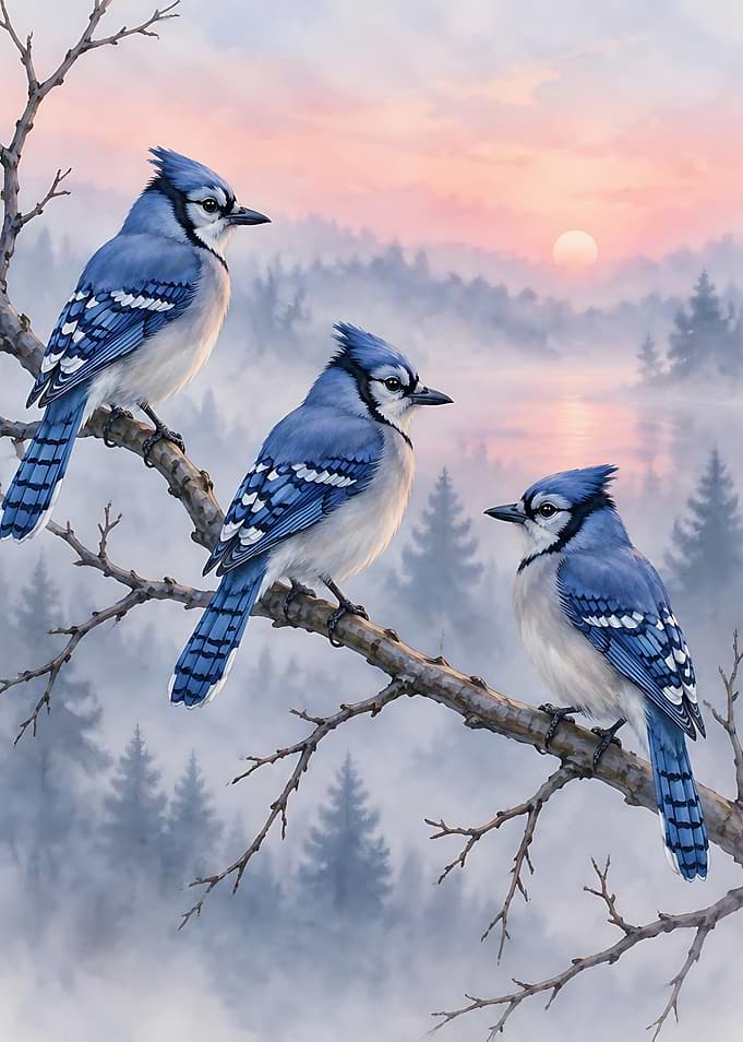 Three Blue Jays on a Branch