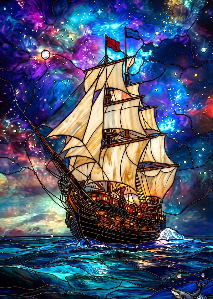 Stained Glass Ship in Cosmic Sea