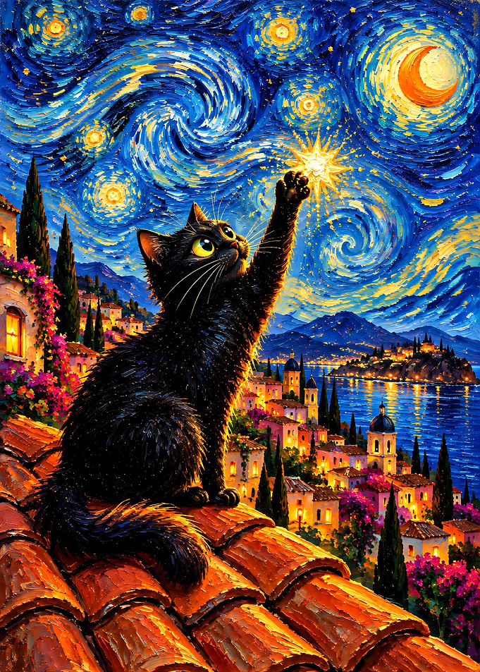 Black Cat Reaching for Starry Sky