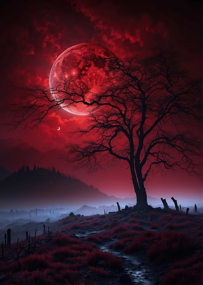 Eerie Red Moon Over Barren Landscape