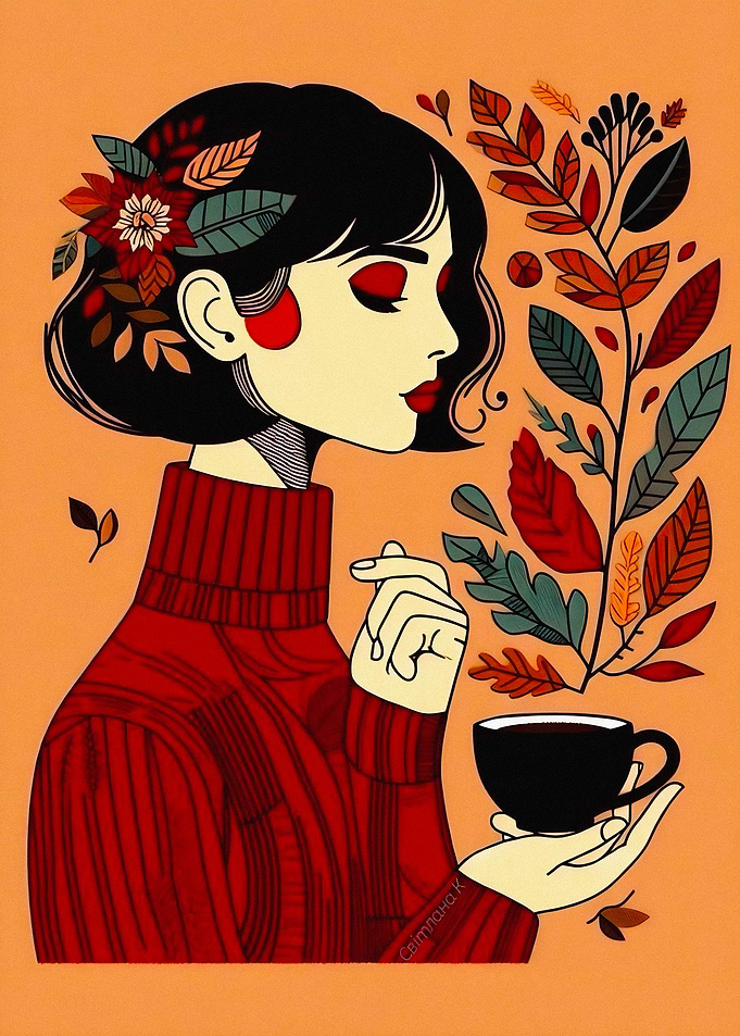 Autumn Girl with Coffee Illustration