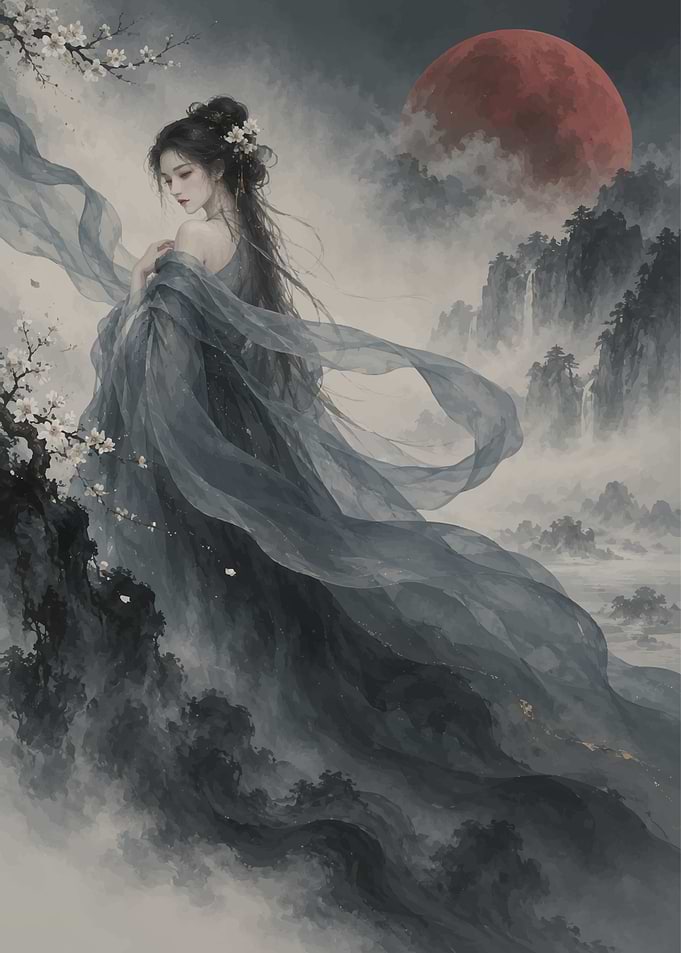Ethereal Woman Under Red Moon