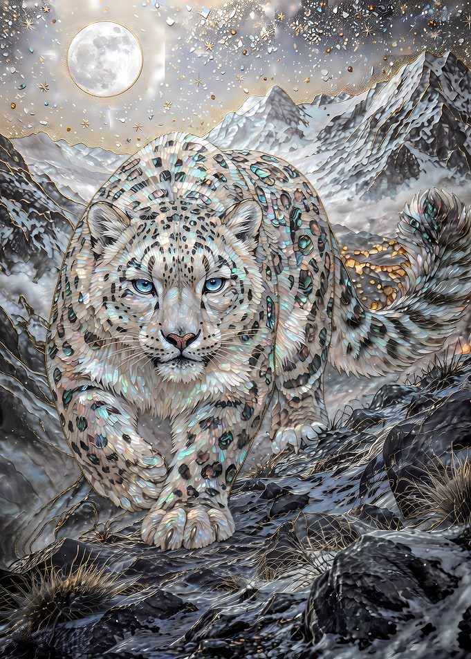 Iridescent Snow Leopard in Moonlight