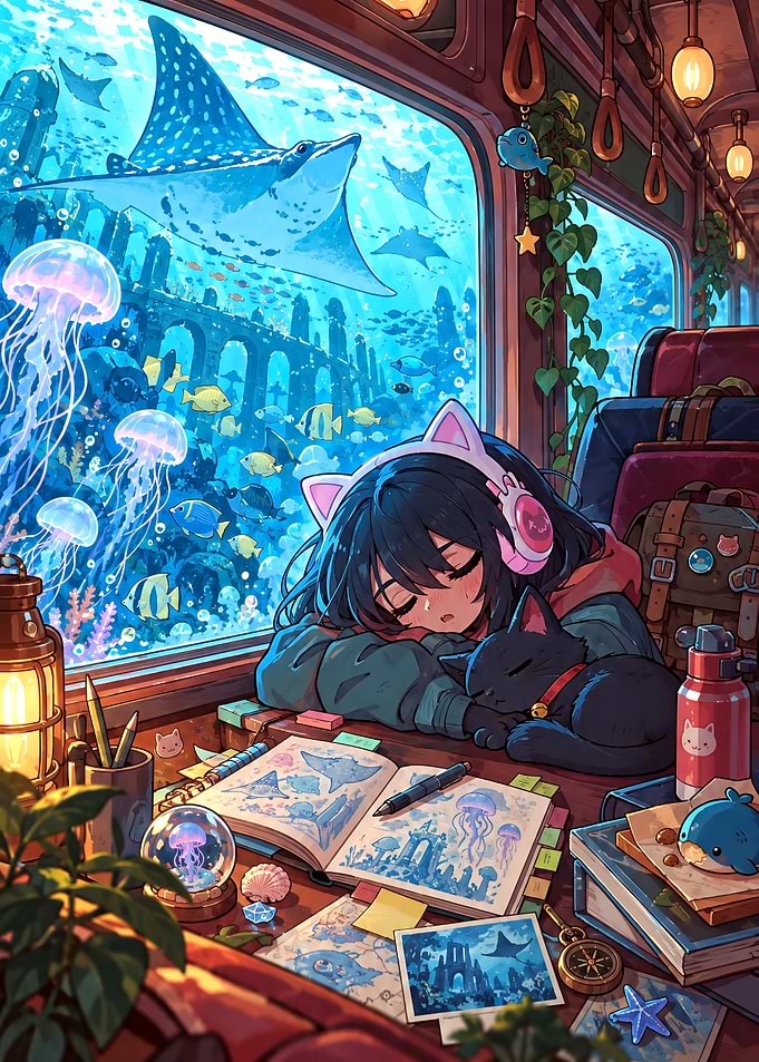 Anime Girl Sleeping on Underwater Train