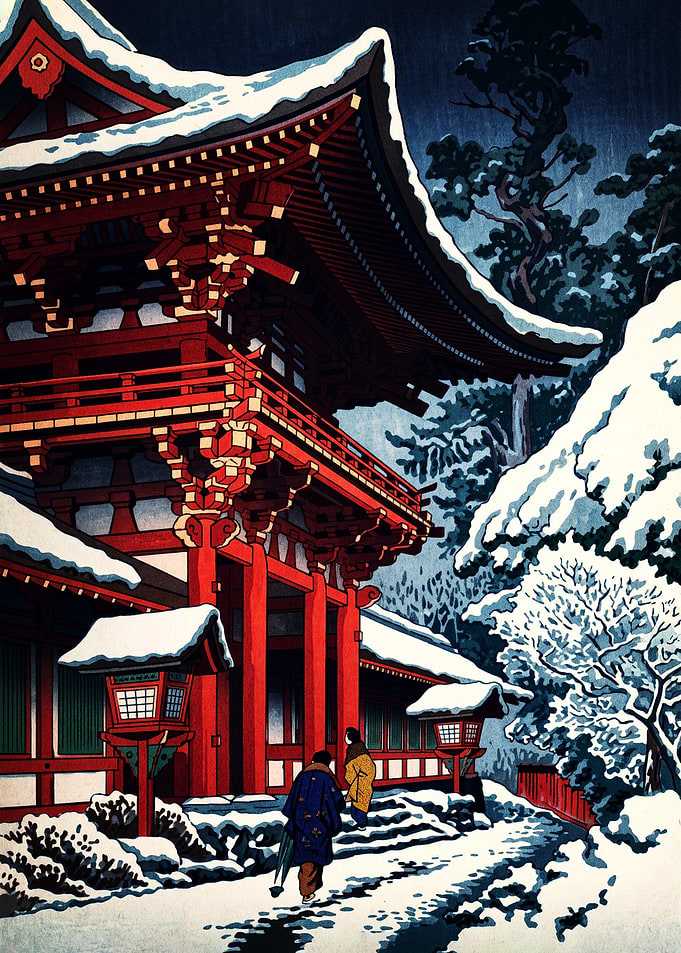 Snowy Japanese Temple at Night