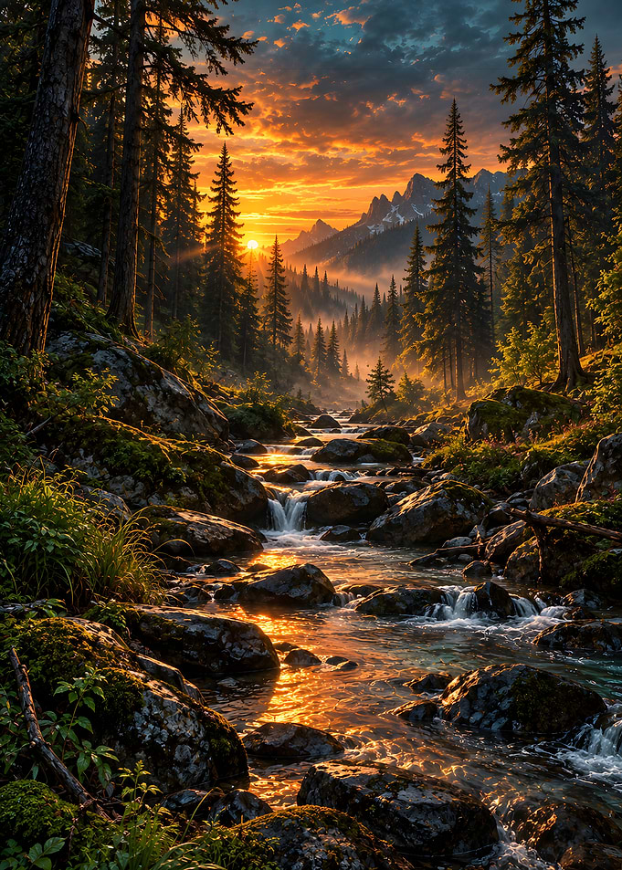 Golden Sunset Over Mountain Stream