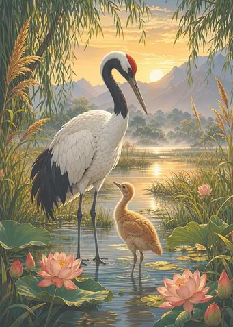 Red-Crowned Crane and Chick