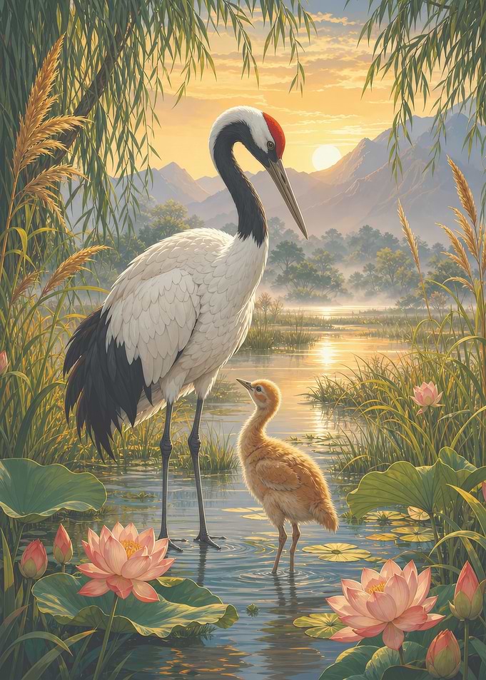 Red-Crowned Crane and Chick