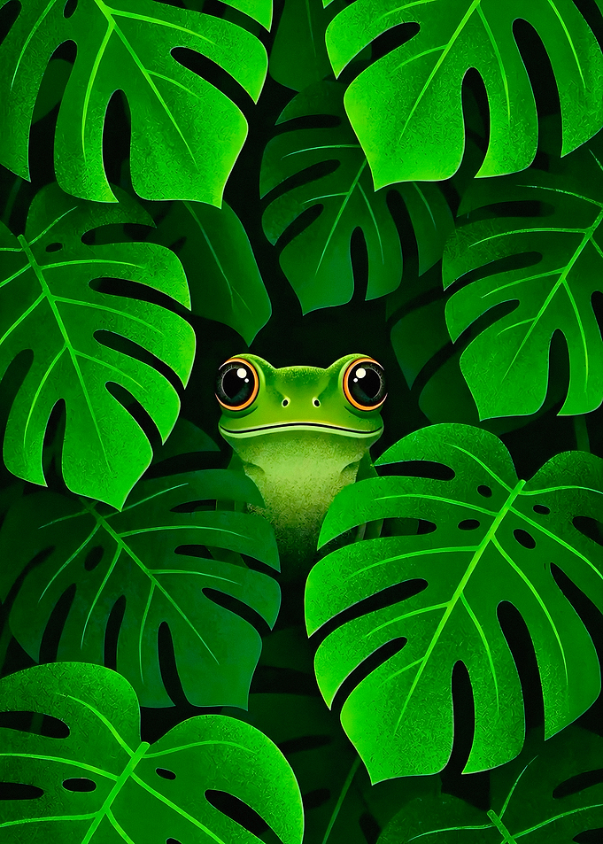 Cute Frog Peeking Through Monstera Leaves