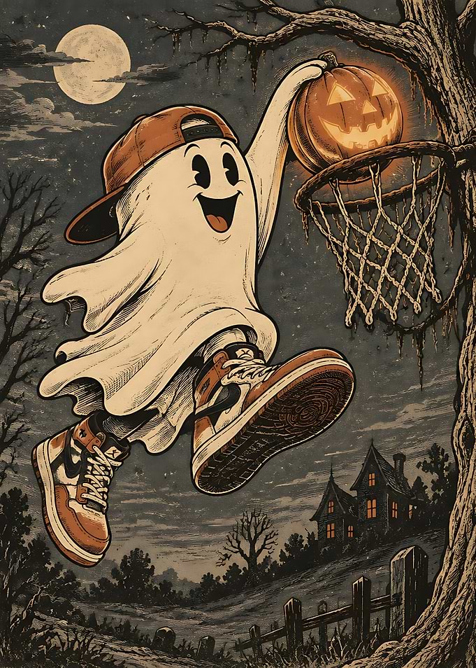 Ghost Dunking Pumpkin Halloween Illustration