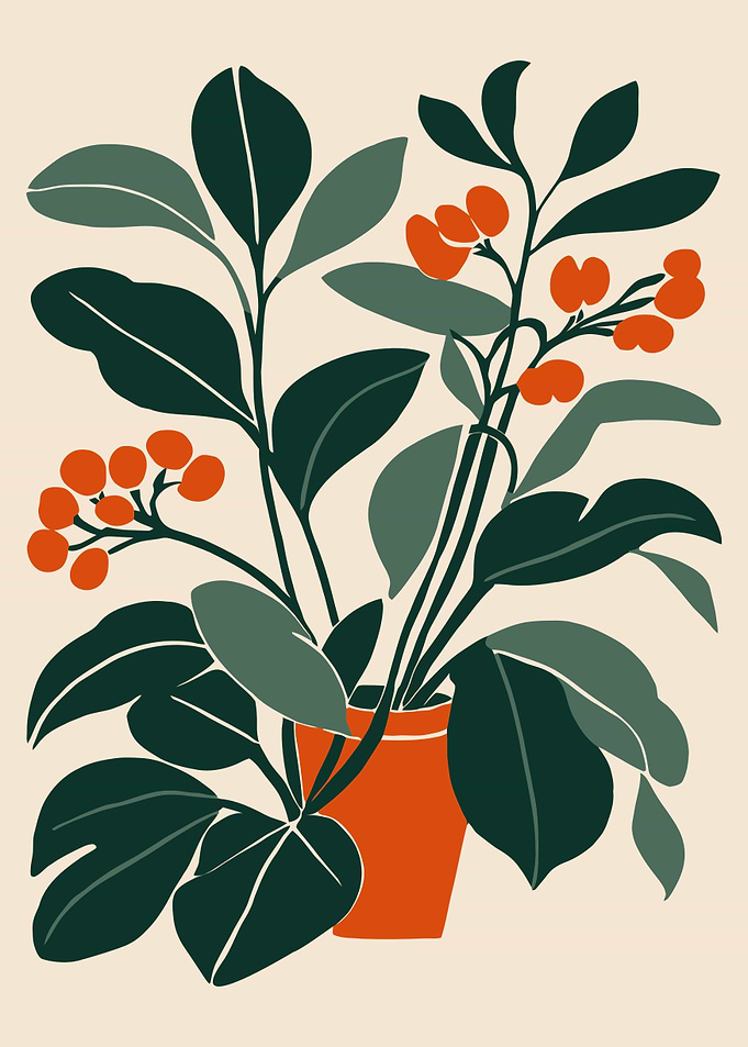Minimalist Potted Plant with Berries
