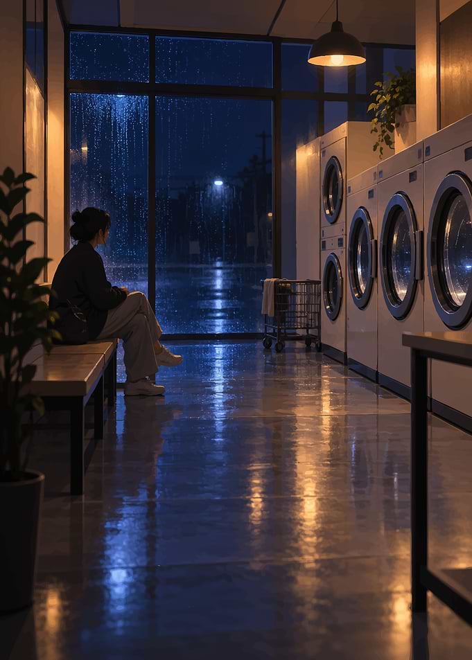 Person waiting in a rainy laundromat