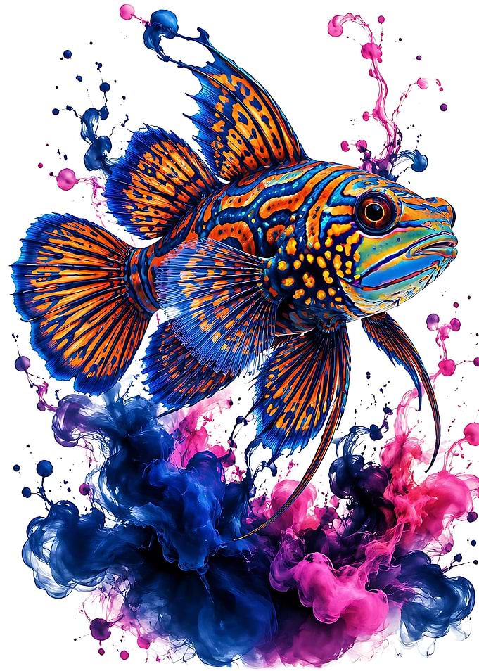 Vibrant Mandarin Fish Ink Splash Art