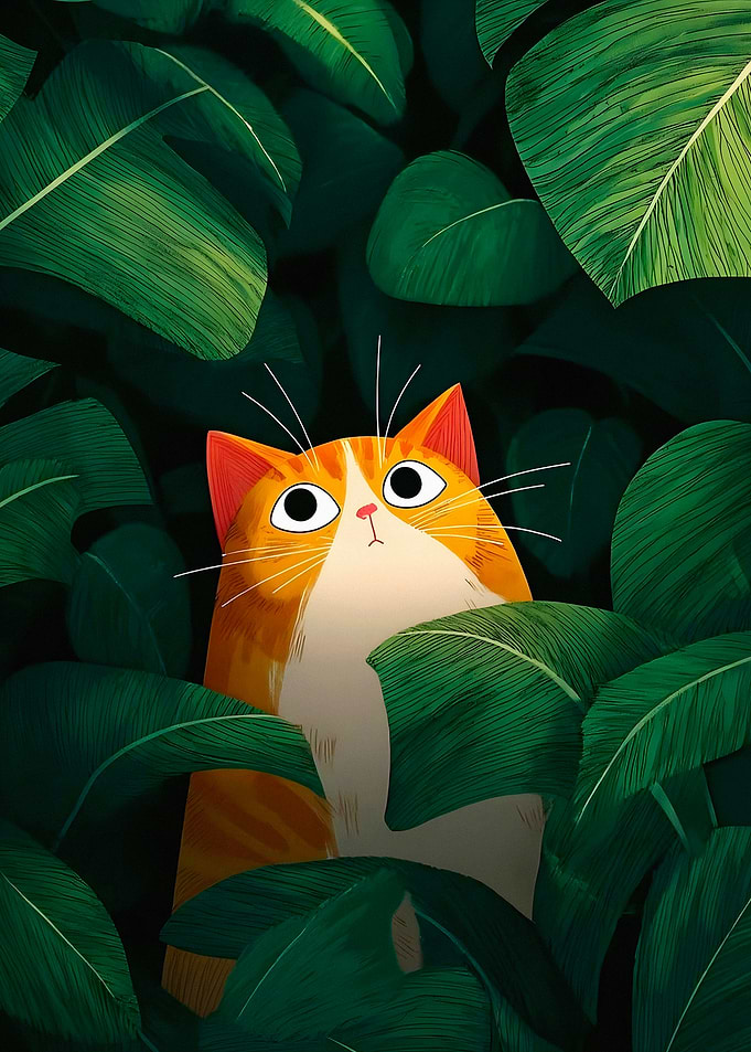 Curious Orange Cat in Jungle Leaves