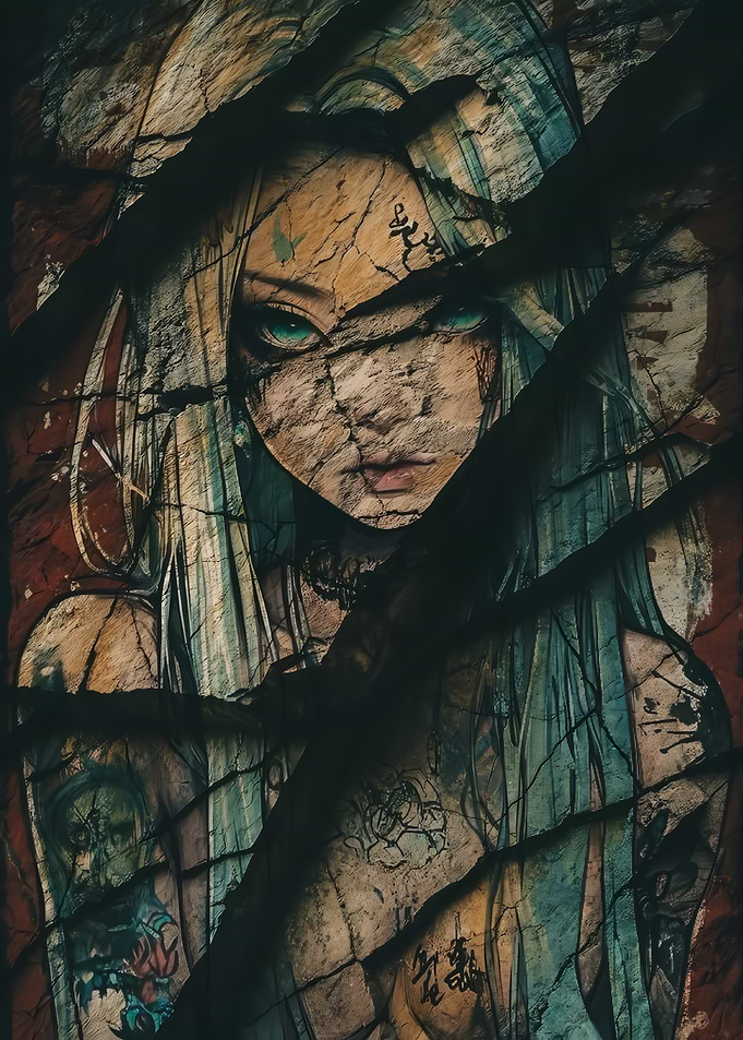 Cracked Stone Anime Girl Portrait
