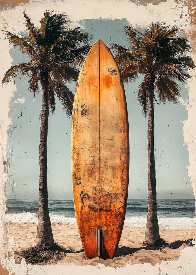 Vintage Surfboard Between Two Palm Trees