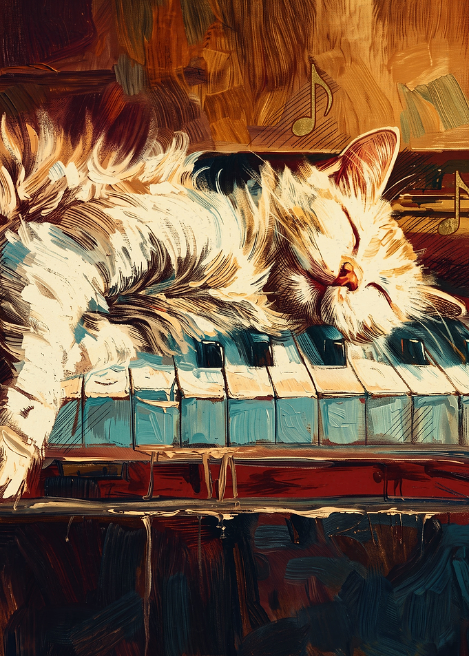 Sleeping Piano Cat Music Oil Painting
