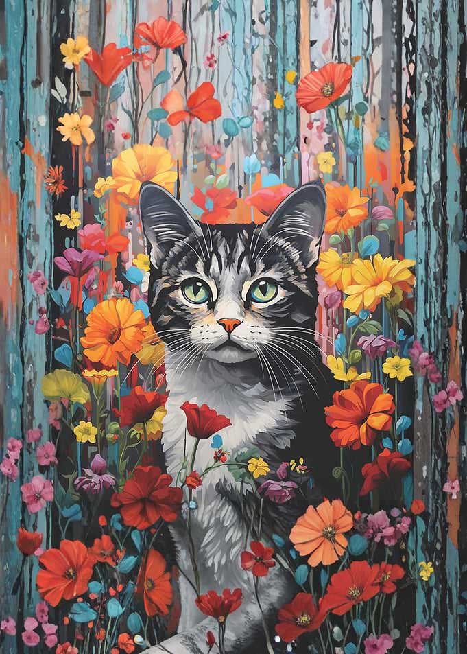 Tabby Cat in Vibrant Floral Garden