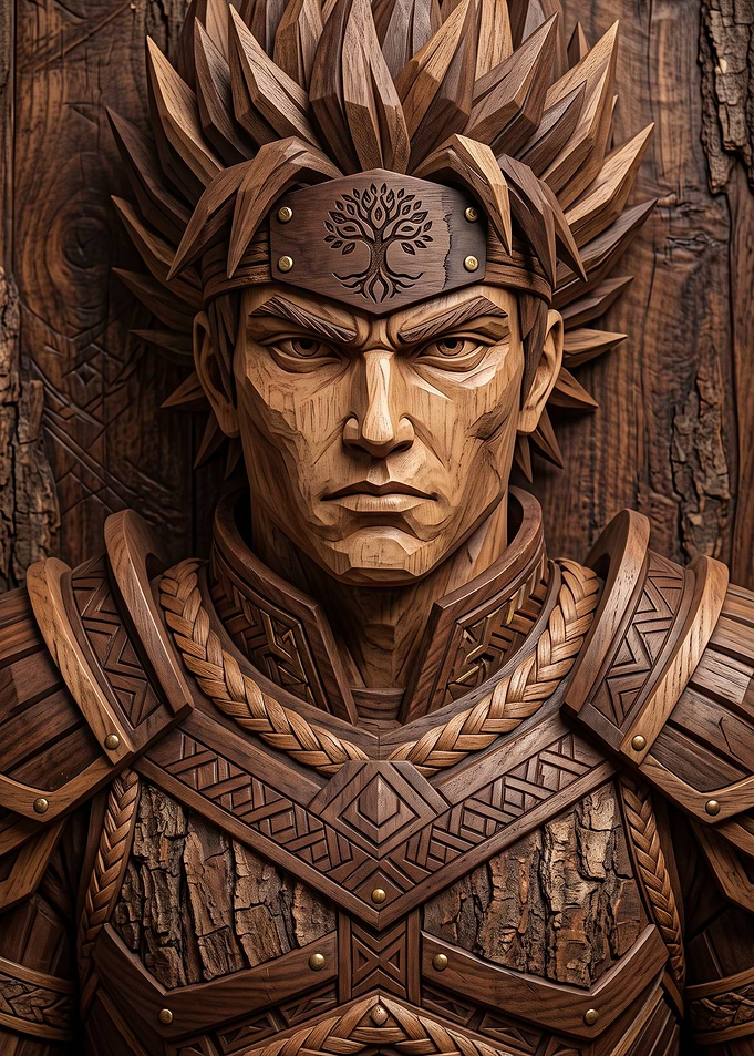 Carved Wooden Anime Warrior Portrait